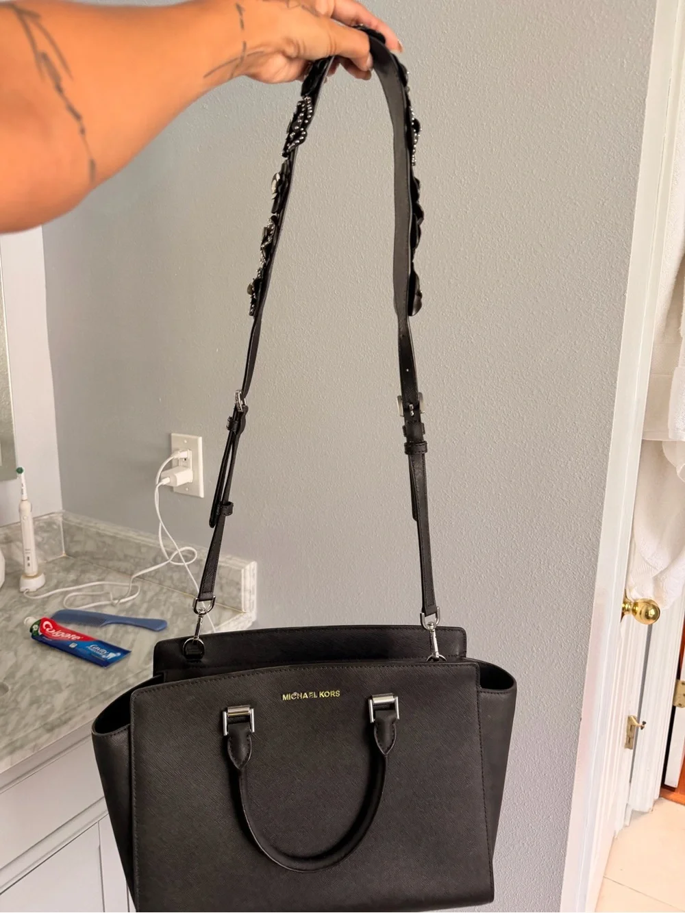 Michael Kors Black Saffiano Satchel with Detachable Strap